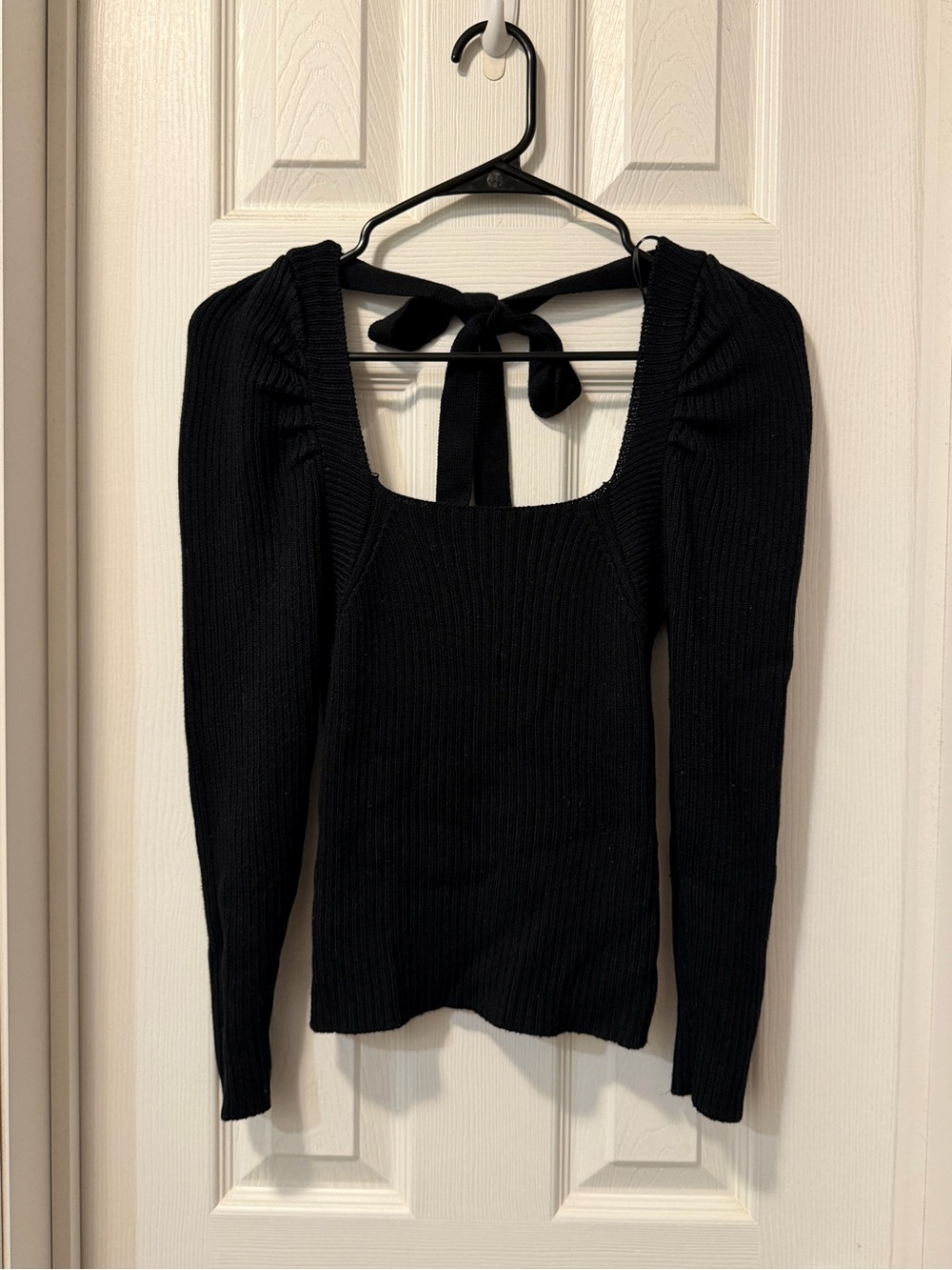 Versona Black Ribbed Long Sleeve Top with Back Tie